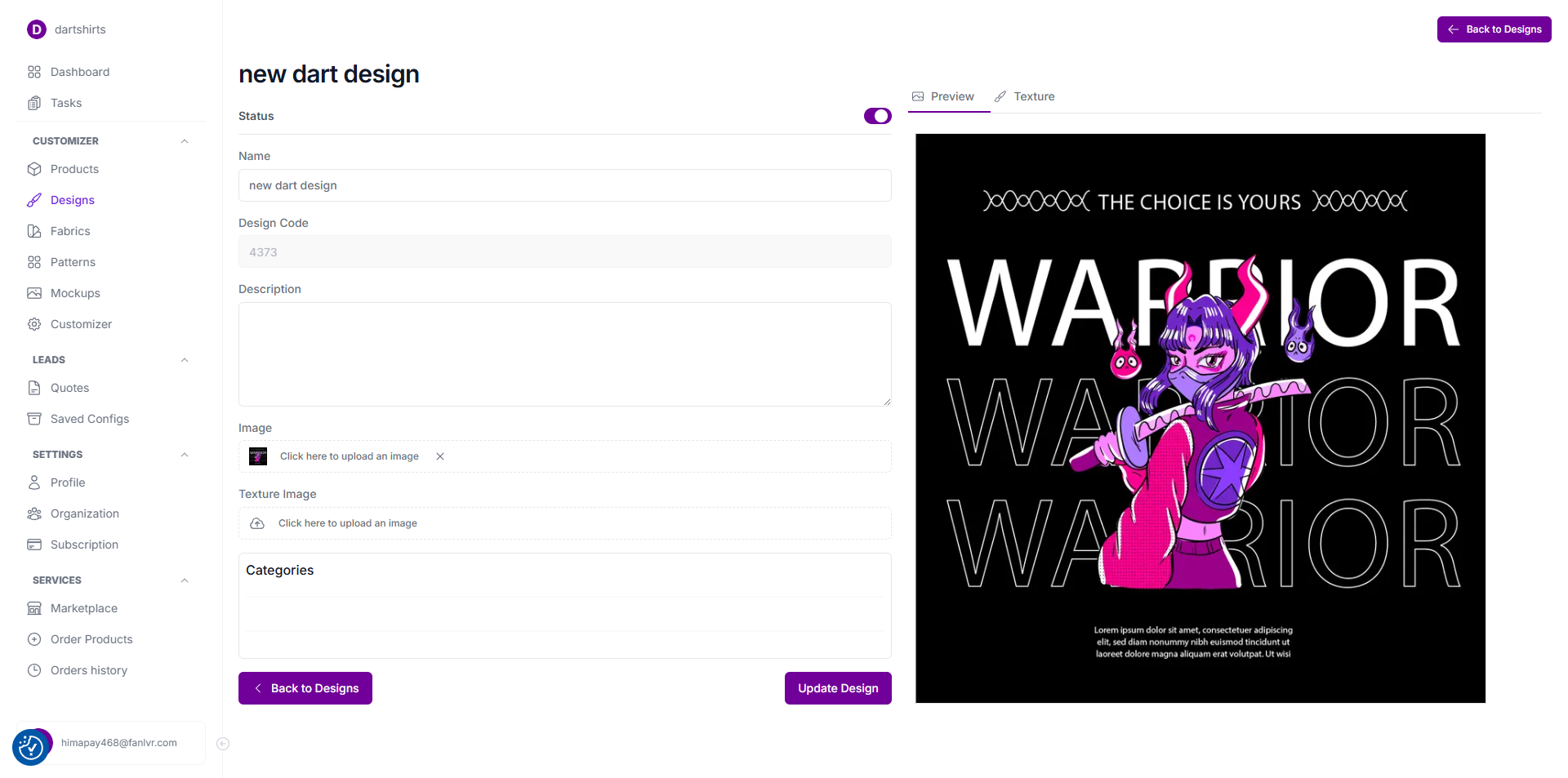 Dart shirt product configuration page showing 3D model preview, product details, and settings